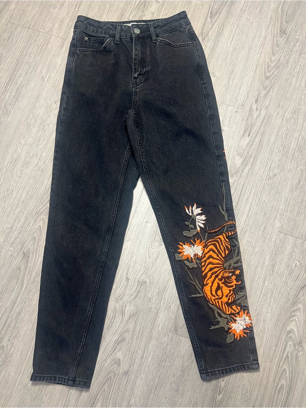 Topshop Black Straight-Leg Jeans with Orange Tiger Embroidery